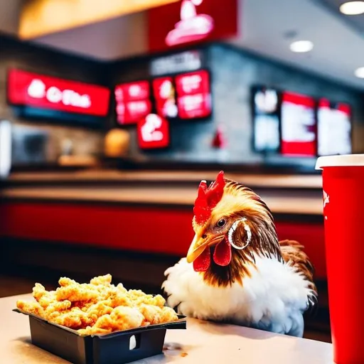 Prompt: a chicken eating KFC while ordering at chick-fil-a