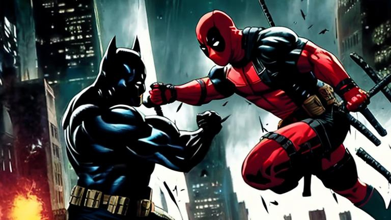 Prompt: 8k, ultra quality,Deadpool fighting Batman in Gotham City