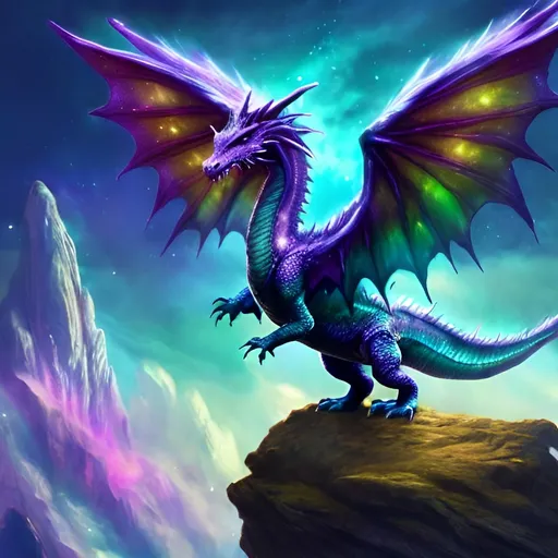Prompt: Mystical dragon standing on a rock in space, shimmering emerald, has only 2 arms and 2 legs scales, violet, and sapphire, soaring majestically, fantasy landscape, enormous rainbow feathered wings sparkling in sunlight, highres, magical, fantasy, detailed scales, vibrant colors, majestic, ethereal lighting, the image should be width:height 16:9