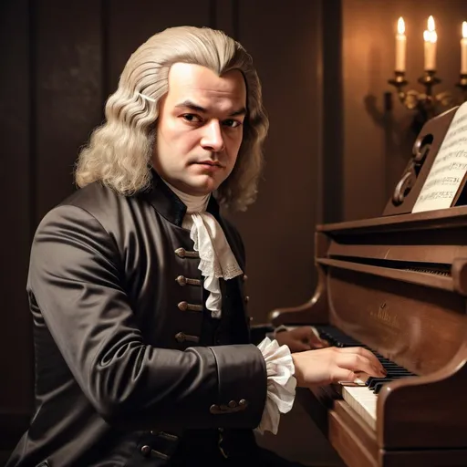 Prompt: Johann Sebastian Bach playing a brown piano, detailed facial features, oil painting, warm tones, baroque style, classical music atmosphere, high quality, classical, detailed piano keys, black suit, historical, traditional, soft lighting, focused expression, atmospheric lighting