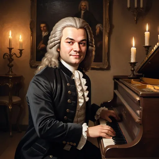 Prompt: Johann Sebastian Bach playing a brown piano, smiing, long hair, wearing a black suit, candles on the wall detailed facial features, oil painting, warm tones, baroque style, classical music atmosphere, high quality, classical, detailed piano keys, black suit, historical, traditional, soft lighting, focused expression, atmospheric lighting