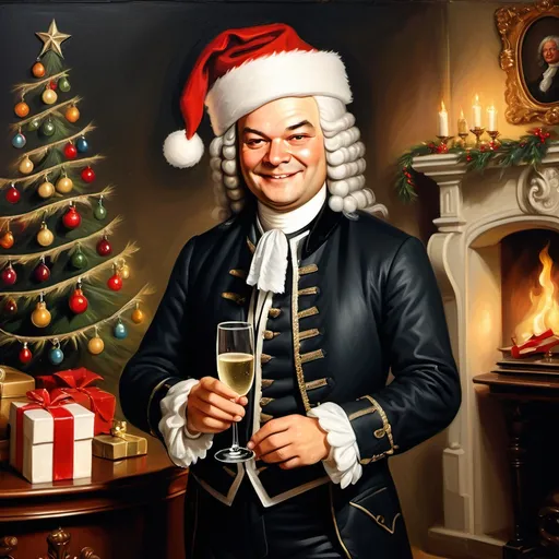 Prompt: Johann Sebastian Bach holding a glass of champagne, wearing a Christmas hat, standing next to a Christmas tree decorated with Christmas lights and accessories, smiing, long hair, wearing a black suit, candles on the wall detailed facial features, oil painting, warm tones, baroque style, classical music atmosphere, high quality, classical, detailed piano keys, black suit, historical, traditional, soft lighting, focused expression, atmospheric lighting