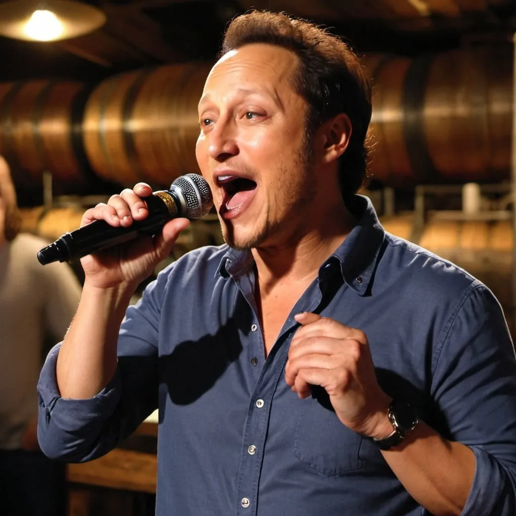 Prompt: Rob Schneider singing Karaoke inside a brewery while drinking a beer