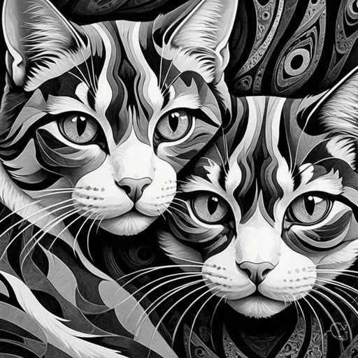 Prompt: Tessellated black and white cats, M.C. Escher inspired, vibrant colored eyes, high quality, surreal, detailed fur, optical illusion, artistic, mesmerizing, monochromatic, intricate pattern, pops of color, cat's gaze, professional, surreal art, detailed, mesmerizing eyes, intricate design, high contrast, surreal lighting