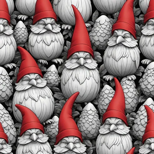 Prompt: High-res tesselate line drawings of a bird figure fading into a tesselation of a garden gnome with a pointy red hat, detailed feathers transitioning into intricate gnome features, monochromatic, high quality, tesselate line drawings, seamless blend, bird to gnome, detailed features, pointy red hat, fine lines, seamless transition, highres, monochrome, intricate designs