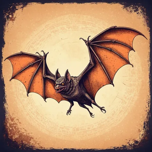 Prompt: Vintage illustration of bats, vibrant colors, high contrast, detailed wings, retro style, textured background, high quality, vintage, colorful, high contrast, detailed wings, retro, textured, vibrant, atmospheric lighting