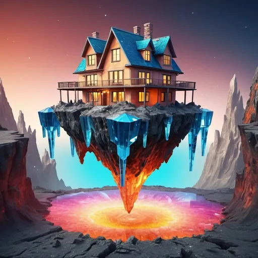 Prompt: Upside-down house on molten rock and crystal earth, surreal environment, high-res, detailed rendering, surrealism, vibrant colors, glowing crystals, upside-down architecture, professional, surreal lighting, detailed textures, fantasy art, vibrant tones, surreal landscape, vibrant lighting, detailed 3D rendering, fantasy, surreal architecture