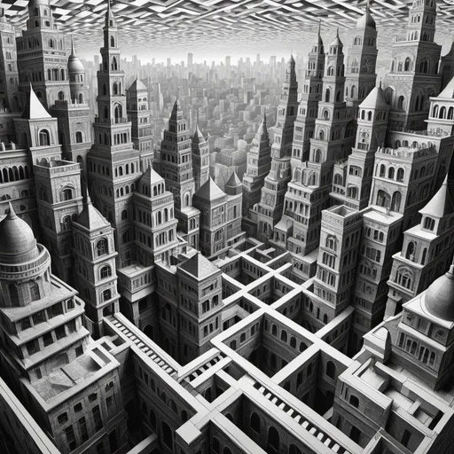 Prompt: Monochrome cityscape with intricate, endless, and geometric buildings, MC Escher inspired, black and white design, detailed and intricate, high contrast, highres, professional, surreal, black and white, endless buildings, intricate design, monochrome, architectural masterpiece, geometric, surreal cityscape, detailed lines, intricate patterns, artistic, urban, artistic lighting