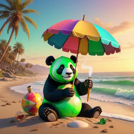 Prompt: Green Panda on California beach smoking bong
