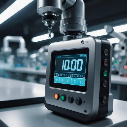 Prompt: A close-up shot of a digital timer counting down in a high-tech laboratory, where AI-driven robots and advanced machinery are assisting lab employees in innovative development and improvement projects, the bright LED numbers of the timer reflecting off sleek metallic surfaces, in a futuristic lab filled with glowing monitors and robotic arms, shot with a Canon EOS-1D X Mark III, 50mm f/1.4 lens, vibrant colors with a high contrast finish