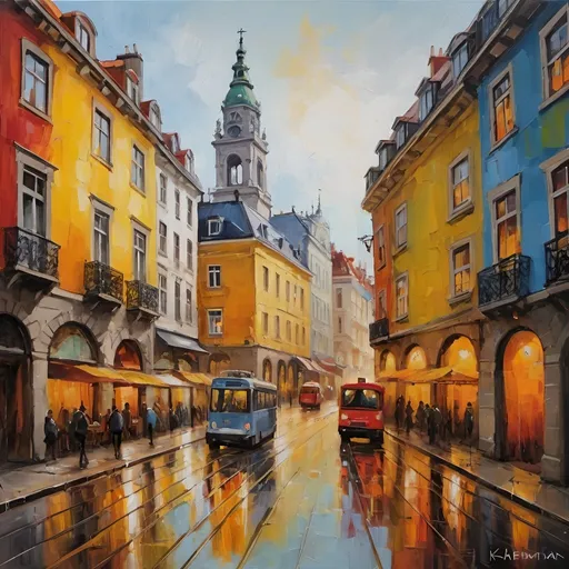 Prompt: Can you paint in the style of an oil painting city elememta of Lisbon Hamburg kairo Aachen a bit expressionistic