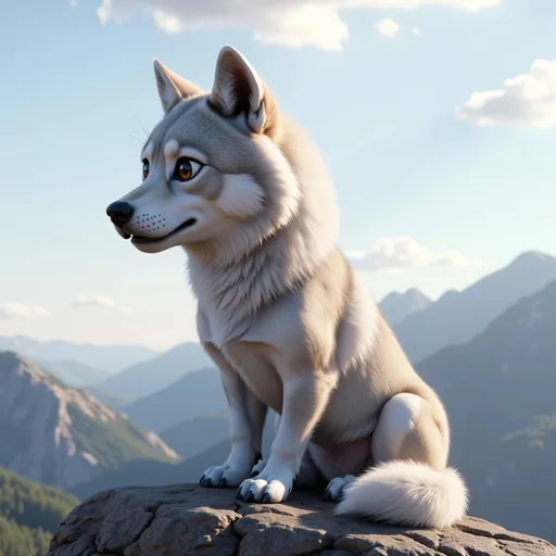 Prompt: cute, small female wolf sitting on top of a mountain
