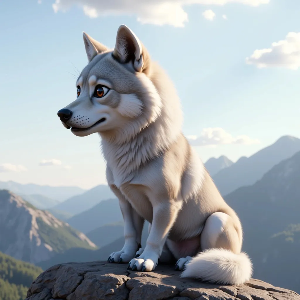 Prompt: cute, small female wolf sitting on top of a mountain
