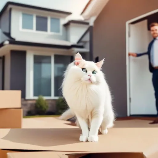 Prompt: Ragdoll Cat moving into a new home. Real-estate agent helping 


