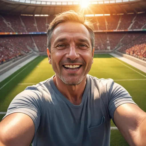 Prompt: (45 yrs old man having selfie photo on the football stadium), photorealistic, high depth cinematic, evening sun glow, vibrant colors, energetic, (football stadium) background, laughter and excitement on man's face, fans cheering in the stands, ultra-detailed textures, highly detailed lighting, 4K resolution, slight motion blur_effect around the crowd, HDR.