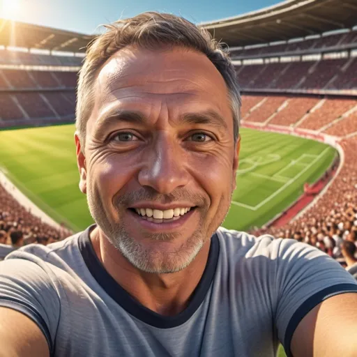 Prompt: (45 yrs old man having selfie photo on the football stadium), photorealistic, high depth cinematic, evening sun glow, vibrant colors, energetic, (football stadium) background, laughter and excitement on man's face, fans cheering in the stands, ultra-detailed textures, highly detailed lighting, 4K resolution, slight motion blur_effect around the crowd, HDR.