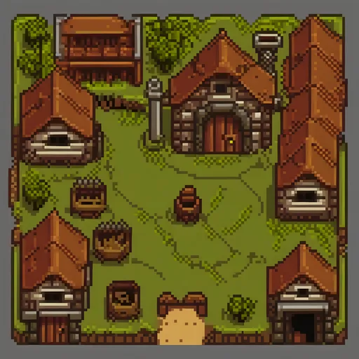 Prompt: 2D JRPG style top down view of a medieval village with grassy areas around the perimeter. No main subject.