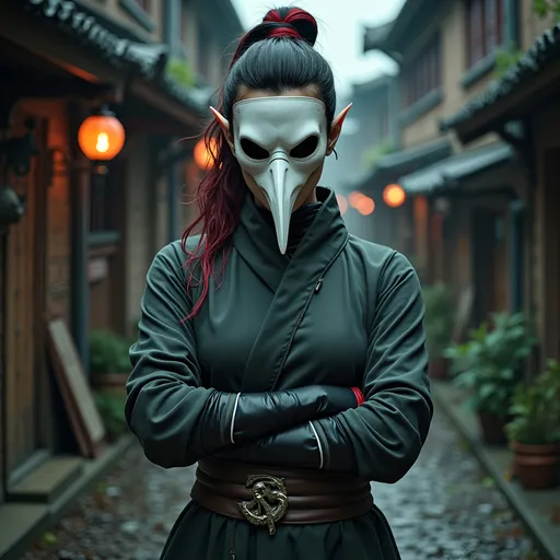 Prompt: A mysterious female elven monk, lean athletic build, ethereal pale skin, jet-black hair with vibrant red streaks tied in a neat bun, wearing a white beak-shaped plague doctor mask, detailed black and grey textured monk robes, tightly wrapped black gloves emitting pale green energy around fists, confident stance, dark gothic background, eerie ambient lighting, moody atmosphere, ultra-detailed cinematic style, 4K quality.