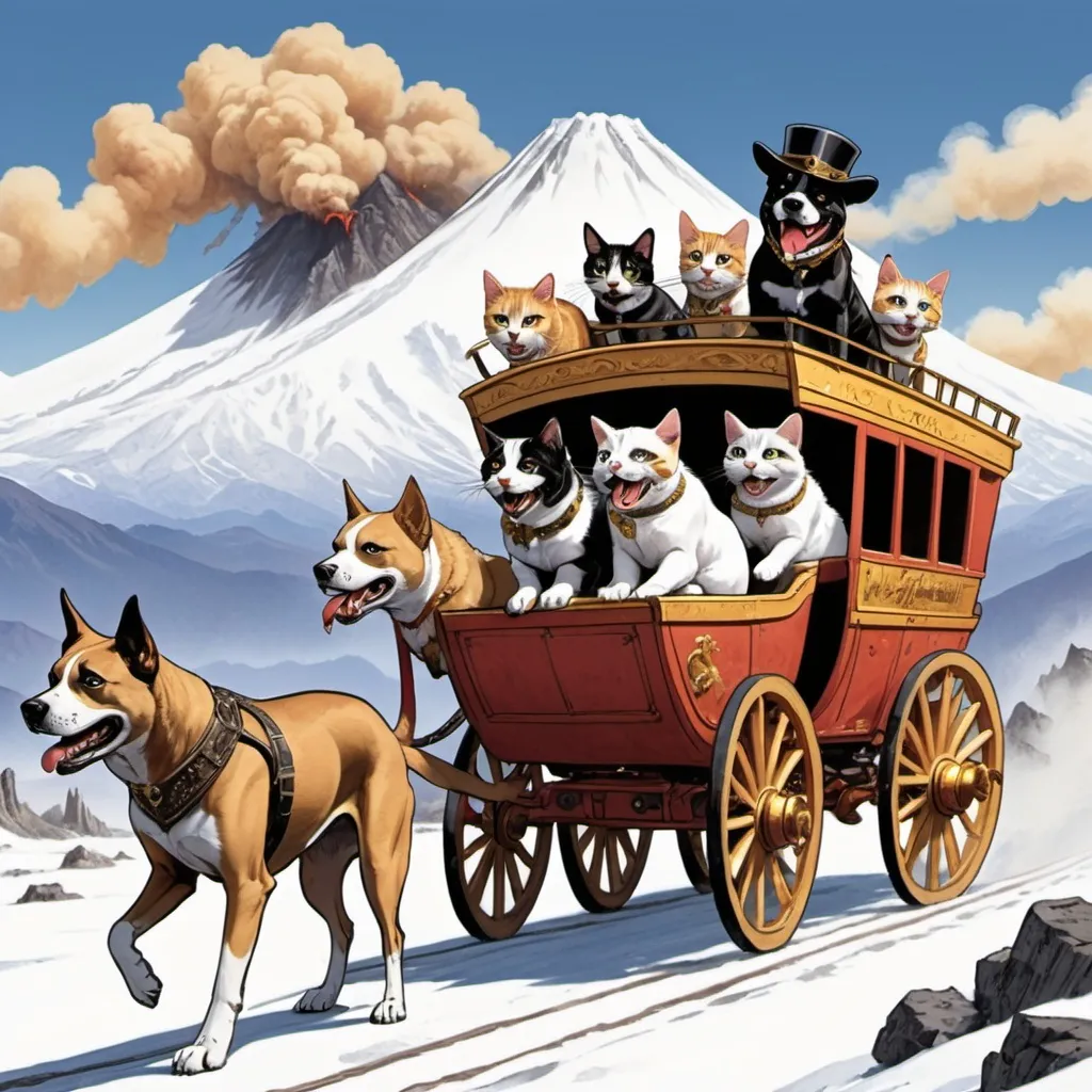 Prompt: Comic book dog with gold tooth riding a stage coach pulled by 6 cats. White snow covered mountains with smoking volcano in background 