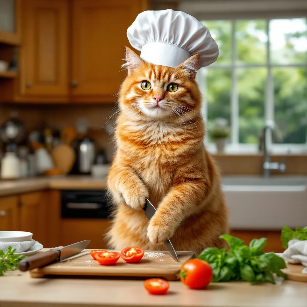 Prompt: A orange cat standing in kitchen and slicing tomatoes . The cat is wearing chefs white hat 