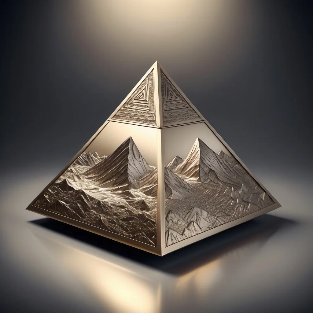 Prompt: (metal tetrahedron), (metallic finish), 3D rendering, intricate mountain scenes wrapped around the tetrahedron, reflective surfaces, capturing luminous highlights, rich textures, ambient light creating dramatic shadows, highly detailed, showcasing depth and precision, against a subtle gradient background, (high-quality, ultra-detailed),hieroglyphic characters embossed over the images, size comparison to a football, perfect for artistic or conceptual display.