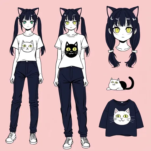 Prompt: draw me a girl which has cat eyes and also cat ears like and a pigtail and a tshirt which has a cat on it and some trousers