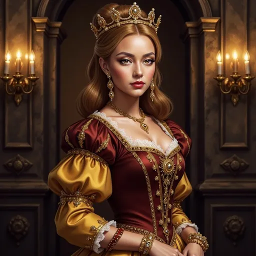 Prompt: a woman in a renaissance dress is posing for a picture in a castle like setting with a chandelier, Artur Tarnowski, renaissance, medieval, a character portrait