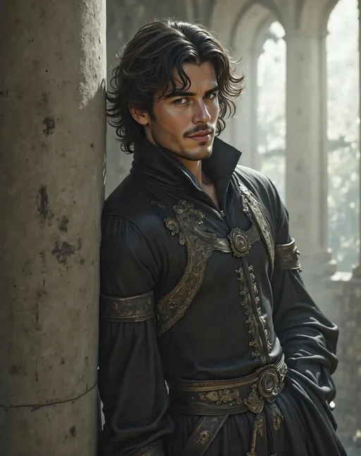 Prompt: @saU0eOMlTTEoPA38y3s2  in a black outfit in a very realistic medieval style, leaning against a pillar in a castle like setting with a window behind him, Cedric Seaut (Keos Masons), gothic art, handsome, a character portrait,