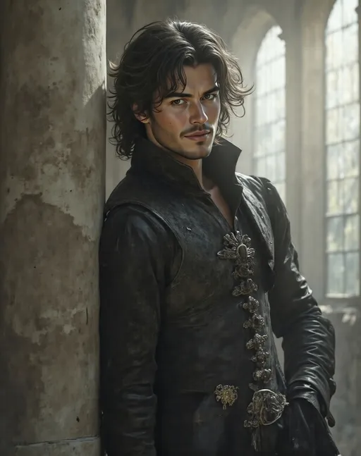 Prompt: @saU0eOMlTTEoPA38y3s2  in a black outfit in a very realistic medieval style, leaning against a pillar in a castle like setting with a window behind him, Cedric Seaut (Keos Masons), gothic art, handsome, a character portrait, very detailed oil painting
