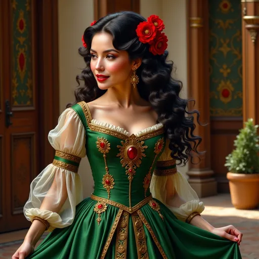 Prompt:  @zQOvlkPVaQZcrpyVltlk is standing in the ballroom of a medieval castle. She is dressed in a magnificent green dress in pure medieval style, with fine gold embroidery on the bustier and on the transparent voile sleeves. She is holding a part of her skirt in one hand, giving it a joyful movement. She smiles tenderly and her face reflects a gentle serenity.