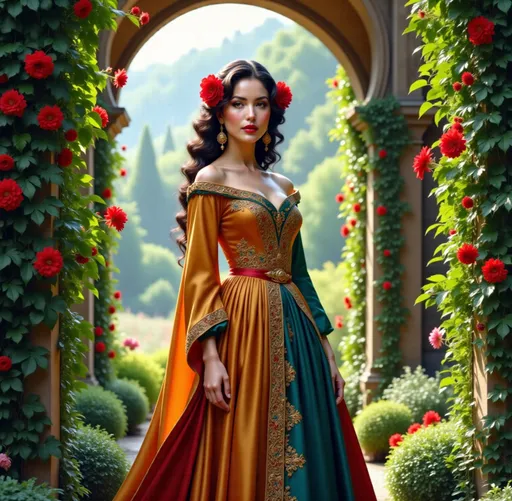 Prompt: Highly detailed digital art of @zQOvlkPVaQZcrpyVltlk  in flowing satin silk gown, palace garden, Anton Pieck style, medieval fantasy, intricate patterns, ornate cloth, royal attire, detailed realistic clothing folds, lush greenery, soft pastel tones, romantic lighting, professional, ultra-detailed, fantasy, medieval, satin gown, palace garden, Anton Pieck style, ornate architecture, lush greenery, romantic lighting, royal attire, intricate patterns, soft pastel tones, flowing fabric, professional lighting