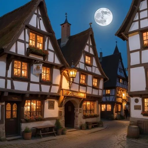 Prompt: View from the street of a medieval town, an old half-timbered tavern with a thatched roof and illuminated windows. It's night time. An old decorated sign hangs next to the entrance door, reading ‘Zum gmütlichen Biergmeister’. Through the windows, we can see the silhouettes of dancing customers, all dressed in very realistic medieval clothes. The full moon casts a cheerful glow over the village. 