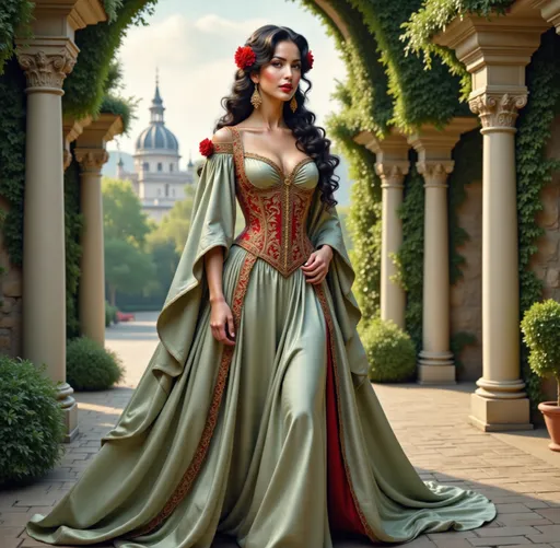 Prompt: Highly detailed digital art of @zQOvlkPVaQZcrpyVltlk  in flowing satin silk gown, palace garden, Anton Pieck style, medieval fantasy, intricate patterns, ornate cloth, royal attire, detailed realistic clothing folds, lush greenery, soft pastel tones, romantic lighting, professional, ultra-detailed, fantasy, medieval, satin gown, palace garden, Anton Pieck style, ornate architecture, lush greenery, romantic lighting, royal attire, intricate patterns, soft pastel tones, flowing fabric, professional lighting