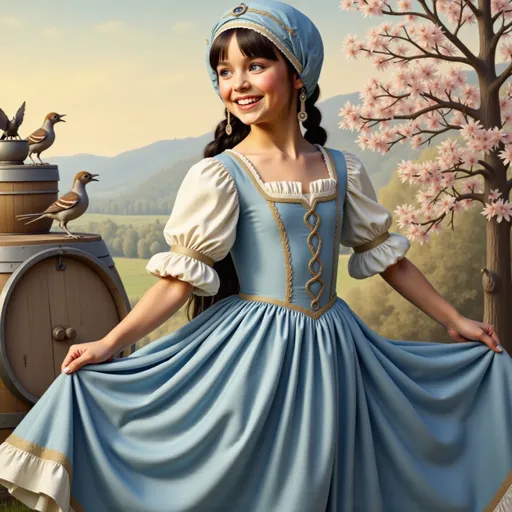 Prompt: @5qmMse0M1tyVIZP7RliV  in a realistic medieval style blue dress and bonnet standing in front of a barrel with a bird on it, highly detailed oil painting, 