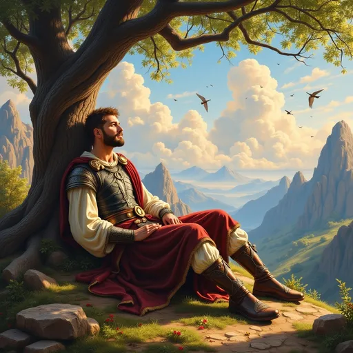 Prompt: @Angekenn is laying under a tree, and admiring the landscape arround him, with mountains and birds in the sky. The sun is shining through cumulus clouds. He is wearing very realistic medieval clothes and shoes. Very detailed oil painting