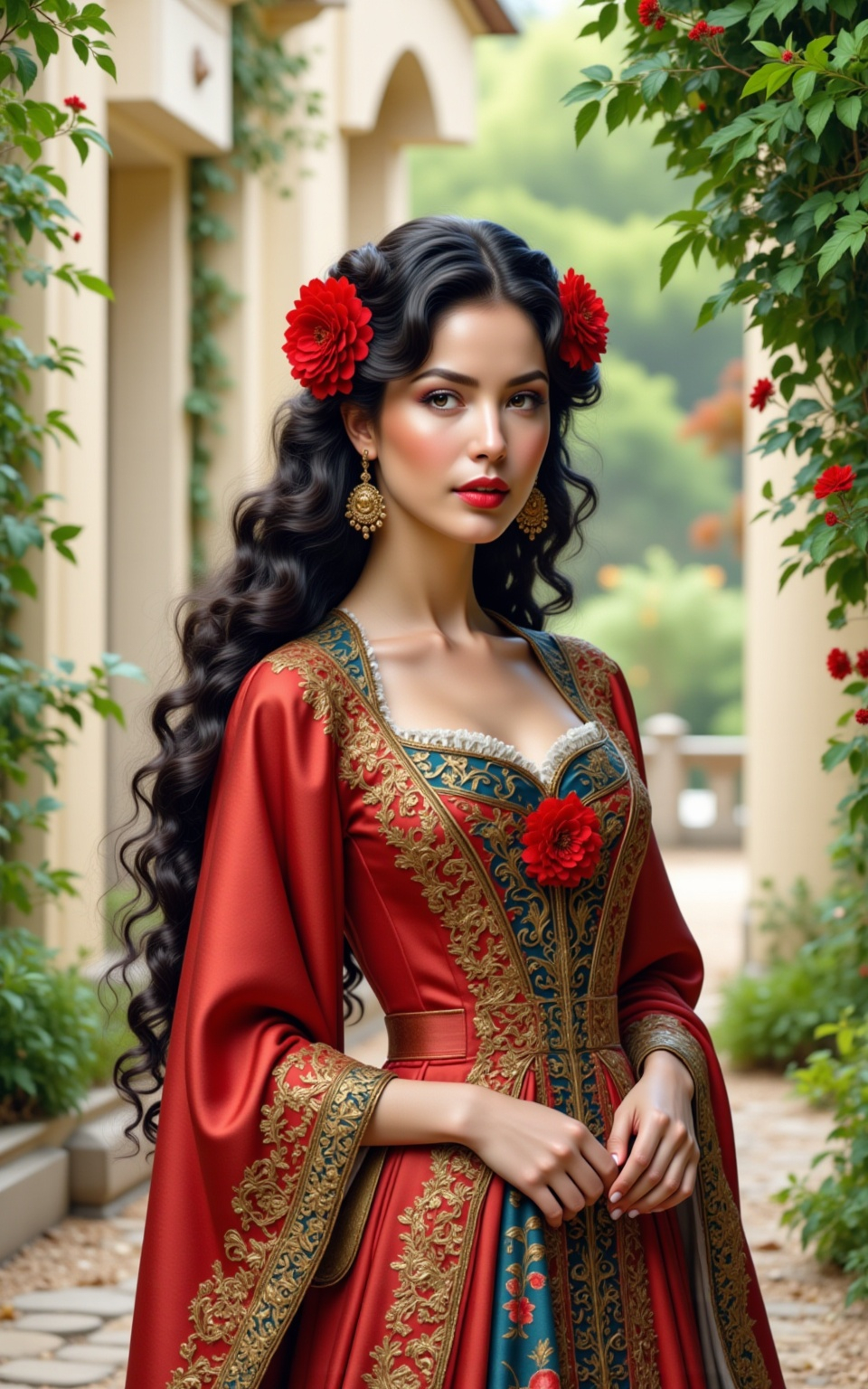 Prompt: Highly detailed digital art of @zQOvlkPVaQZcrpyVltlk  in flowing satin silk gown, palace garden, Anton Pieck style, medieval fantasy, intricate patterns, ornate cloth, royal attire, detailed realistic clothing folds, lush greenery, soft pastel tones, romantic lighting, professional, ultra-detailed, fantasy, medieval, satin gown, palace garden, Anton Pieck style, ornate architecture, lush greenery, romantic lighting, royal attire, intricate patterns, soft pastel tones, flowing fabric, professional lighting