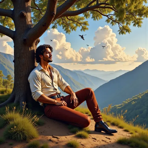 Prompt: make an oil painting of @saU0eOMlTTEoPA38y3s2 is laying under a tree, and admiring the landscape arround him, with mountains and birds in the sky. The sun is shining through cumulus clouds. He is wearing very realistic medieval clothes and shoes. Very detailed oil painting