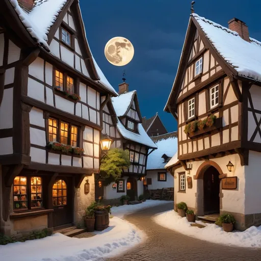 Prompt: View from the street of a medieval town, an old half-timbered tavern with a thatched roof and illuminated windows. It's night time and the street and the roofs are covered by snow. Cumulus clouds in the sky. An old decorated sign hangs next to the entrance door, reading ‘Zum gmütlichen Biergmeister’. Through the windows, we can see the silhouettes of dancing customers, all dressed in very realistic medieval clothes. The full moon casts a cheerful glow over the village. 