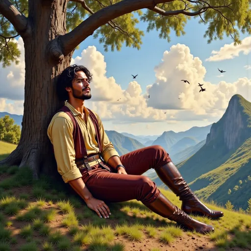Prompt: make an oil painting of @saU0eOMlTTEoPA38y3s2 who is wearing very realistic medieval clothes. He is laying under a tree, and admiring the landscape arround him, with mountains and birds in the sky. The sun is shining through cumulus clouds. Very detailed oil painting