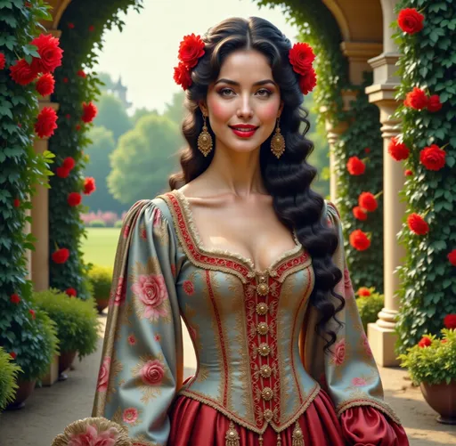 Prompt: Highly detailed digital art of @zQOvlkPVaQZcrpyVltlk  in flowing satin silk gown, palace garden, Anton Pieck style, medieval fantasy, intricate patterns, ornate cloth, royal attire, detailed realistic clothing folds, lush greenery, soft pastel tones, romantic lighting, professional, ultra-detailed, fantasy, medieval, satin gown, palace garden, Anton Pieck style, ornate architecture, lush greenery, romantic lighting, royal attire, intricate patterns, soft pastel tones, flowing fabric, professional lighting