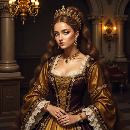 Prompt: a woman in a renaissance dress is posing for a picture in a castle like setting with a chandelier, Artur Tarnowski, renaissance, medieval, a character portrait