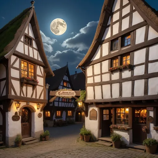 Prompt: View from the street of a medieval town, an old half-timbered tavern with a thatched roof and illuminated windows. It's night time. Cumulus clouds in the sky. An old decorated sign hangs next to the entrance door, reading ‘Zum gmütlichen Biergmeister’. Through the windows, we can see the silhouettes of dancing customers, all dressed in very realistic medieval clothes. The full moon casts a cheerful glow over the village. 