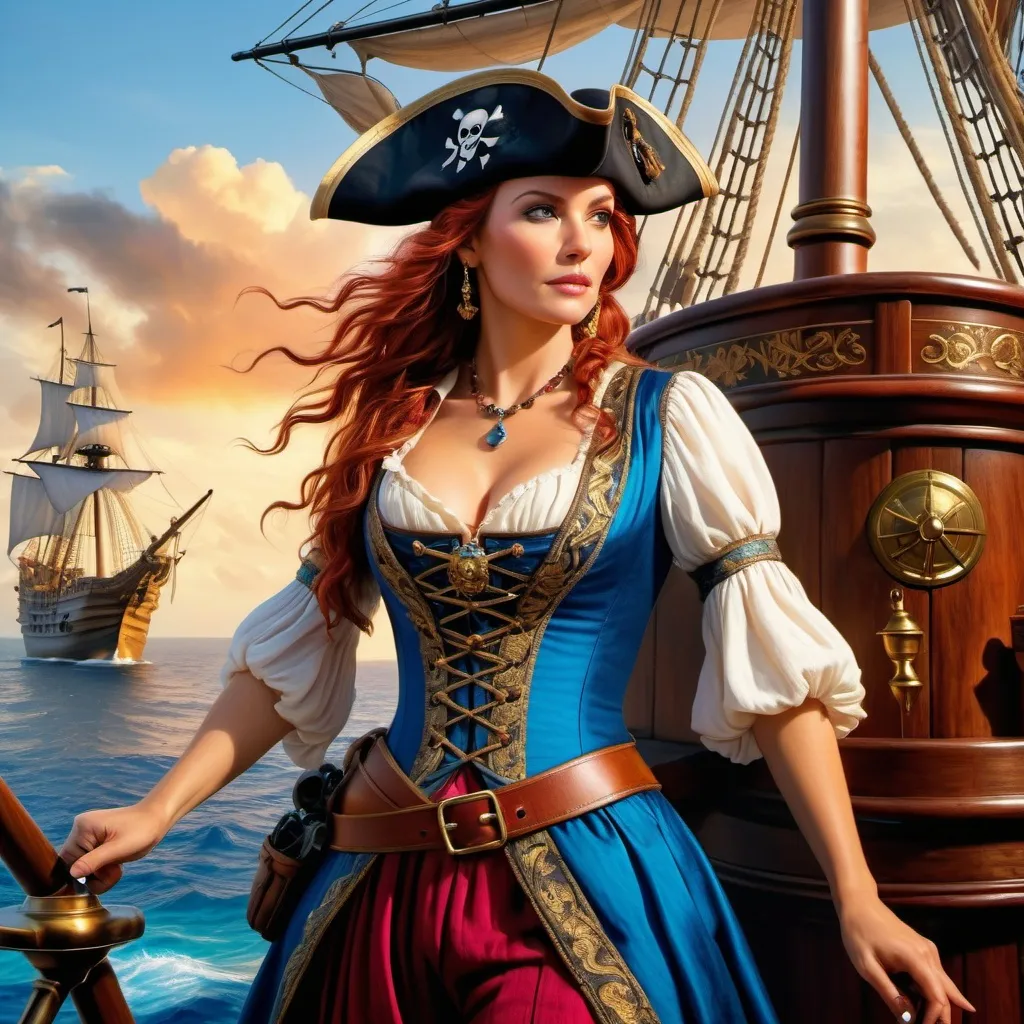 Prompt: A stunning, hyper-realistic and vividly colored depiction of a 40 year old beautiful, and fierce pirate queen in the 1500s. She stands confidently at the bow of a majestic pirate ship, holding a telescope as she searches for her next prey.