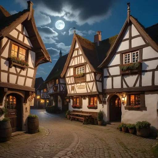 Prompt: View from the street of a medieval town, an old half-timbered tavern with a thatched roof and illuminated windows. It's night time. Cumulus clouds in the sky. An old decorated sign hangs next to the entrance door, reading ‘Zum gmütlichen Biergmeister’. Through the windows, we can see the silhouettes of dancing customers, all dressed in very realistic medieval clothes. The full moon casts a cheerful glow over the village. 