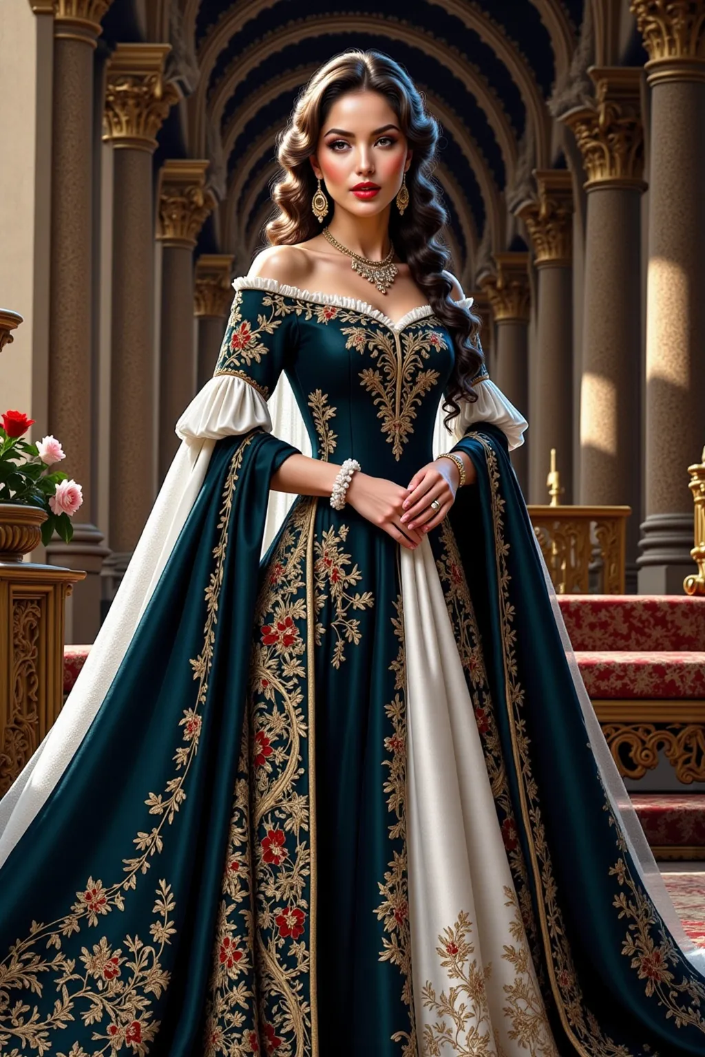 Prompt:  Highly detailed digital art of @zQOvlkPVaQZcrpyVltlk in flowing Blue satin silk gown with  gold embroidery, ballroom of a medieval castel, Anton Pieck style, medieval fantasy, intricate patterns, ornate cloth, royal attire, detailed realistic clothing folds, lush greenery, soft pastel tones, romantic lighting, professional, ultra-detailed, fantasy, medieval, satin gown, palace garden, Anton Pieck style, ornate architecture, lush greenery, romantic lighting, royal attire, intricate patterns, soft pastel tones, flowing fabric, professional lighting