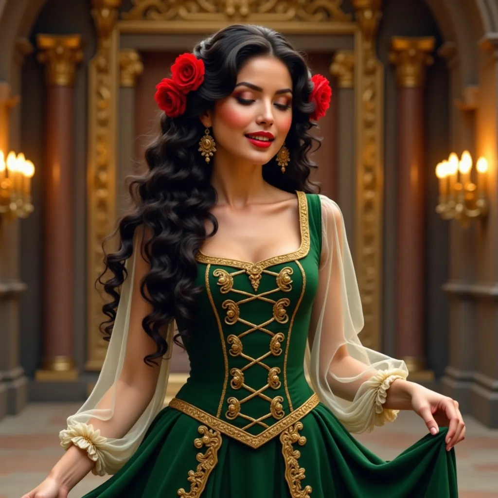 Prompt:  @zQOvlkPVaQZcrpyVltlk is standing in the ballroom of a medieval castle. She is dressed in a magnificent green dress in pure medieval style, with fine gold embroidery on the bustier and on the transparent voile sleeves. She is holding a part of her skirt in one hand, giving it a joyful movement. She smiles tenderly and her face reflects a gentle serenity.