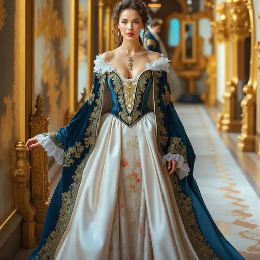 Prompt:  @zQOvlkPVaQZcrpyVltlk in a gorgious and elegant medieval  dress standing in a ballroom of a medieval castle. Carla Wyzgala,  very detailed oil painting