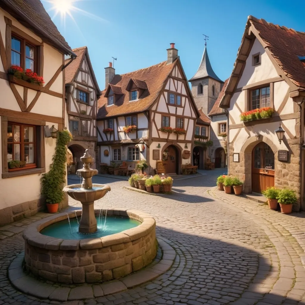 Prompt: A beautiful small medieval town with cobblestone streets, charming cottages, and a blue sky. The sun shines warmly, and birds chirp as children play near a small fountain. Shops line the street, including a bakery with a wooden sign. The town feels warm, welcoming, and lively.