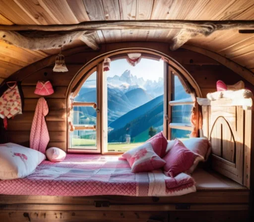 Prompt: Interior of an old wooden wagon. In the foreground, a bed covered with a patchwork quilt in shades of pink, white and red, and soft pillows. A window is open on the wall against which the bed is leaning. It overlooks a magnificent view of the snow-capped mountains of the Tyrol. The sun is shining brightly, giving the landscape an enchanting look.