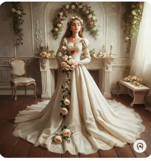 Prompt: a young woman dressed in a medieval wedding dress and a long bouquet of roses in hands falling down to her feet, magical realism, very very beautiful, very detailed oil painting